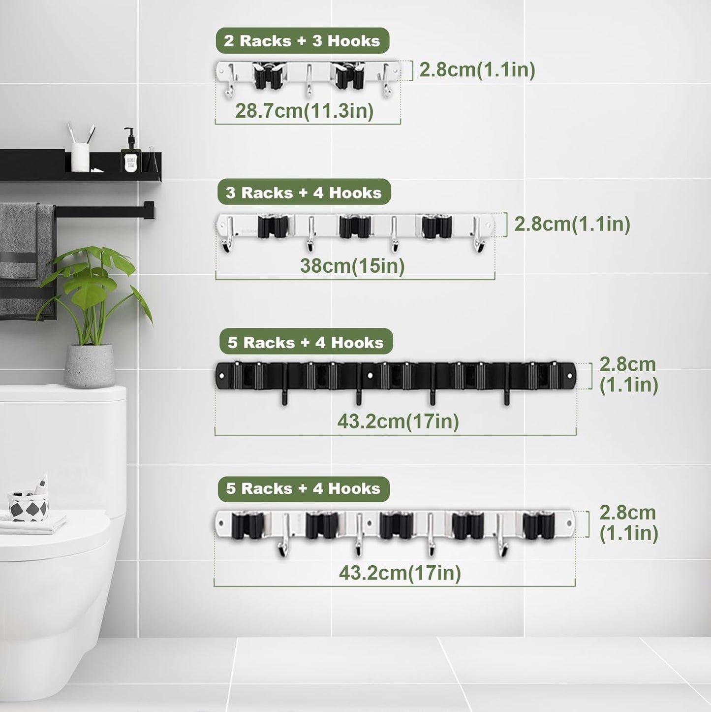 5 Racks and 4 Hooks Mop and Broom Holder Wall Mount, Broom Organizer Storage Tool Racks Stainless Steel Heavy Duty Hooks Self Adhesive Solid Non-Slip for Home Kitchen Garden Laundry Garage