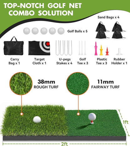 Golf Net: 10X7Ft Heavy Duty Golf Practice Hitting Net for Backyard Indoor Outdoor Training, with Dual-Turf Mat, Ideal Training Aid for Golfers Backyard Driving Chipping Swing