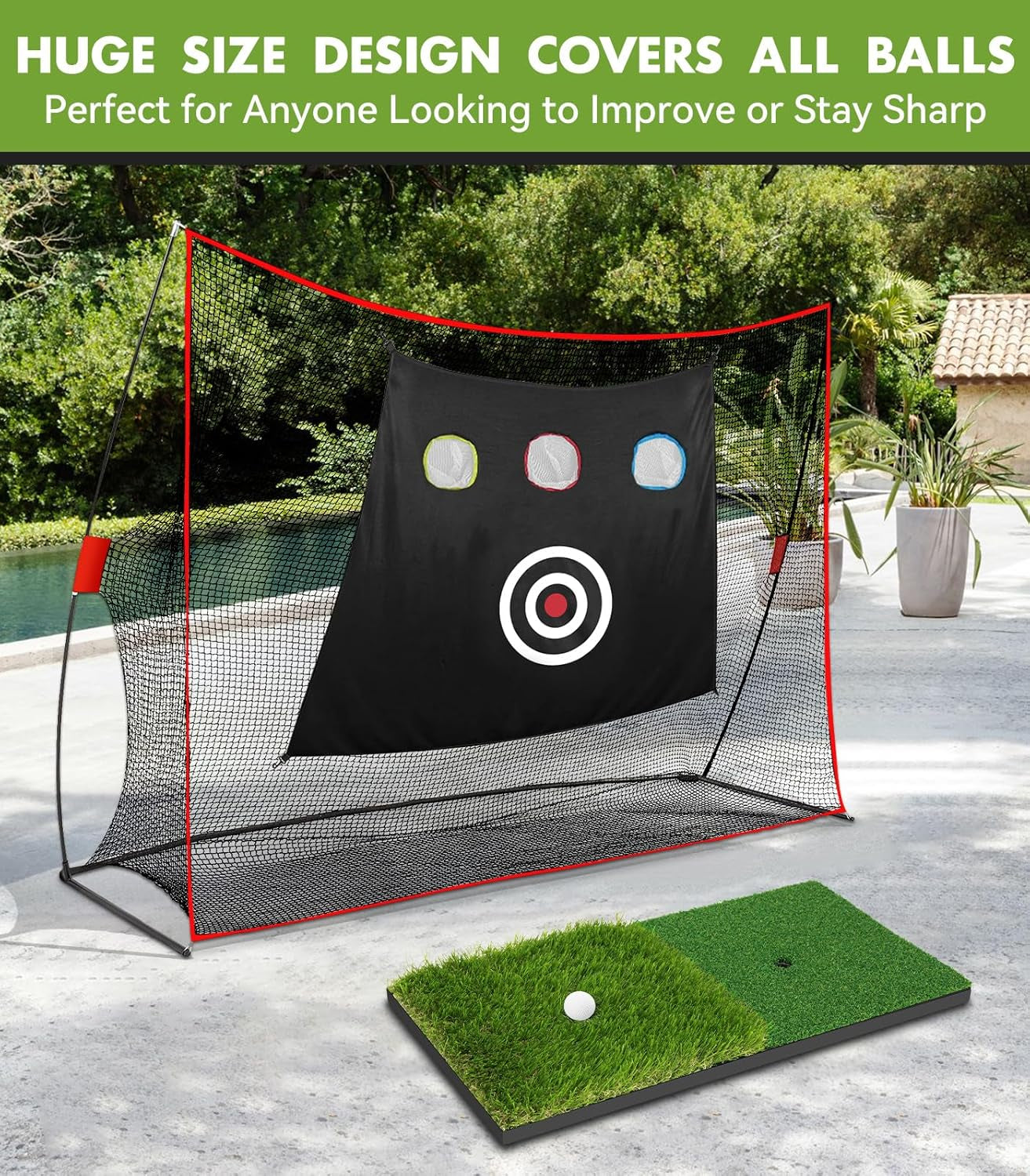 Golf Net: 10X7Ft Heavy Duty Golf Practice Hitting Net for Backyard Indoor Outdoor Training, with Dual-Turf Mat, Ideal Training Aid for Golfers Backyard Driving Chipping Swing