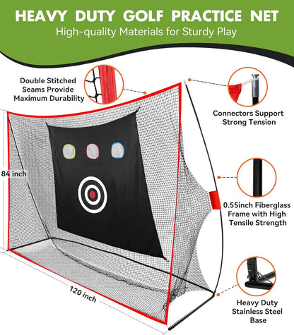 Golf Net: 10X7Ft Heavy Duty Golf Practice Hitting Net for Backyard Indoor Outdoor Training, with Dual-Turf Mat, Ideal Training Aid for Golfers Backyard Driving Chipping Swing