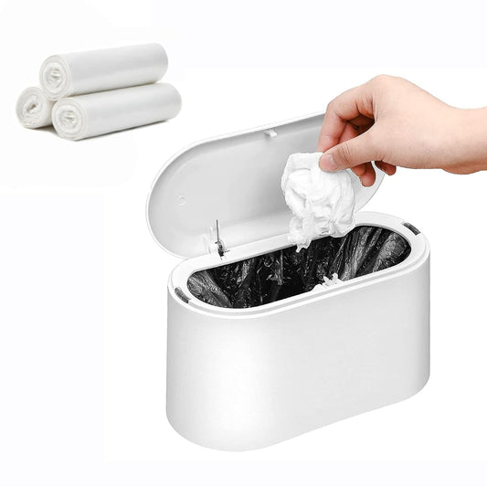 Mini Trash Can with Lid,Small Desk Trash Can,Countertop Mini Garbage Cans,Tiny Waste Basket,White,With 3 Roll Bags