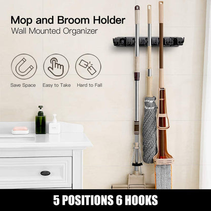 2 Pack Mop and Broom Holder, Wall Mounted Organizer Mop and Broom Storage Tool Rack with 5 Ball Slots and 6 Hooks (Black)