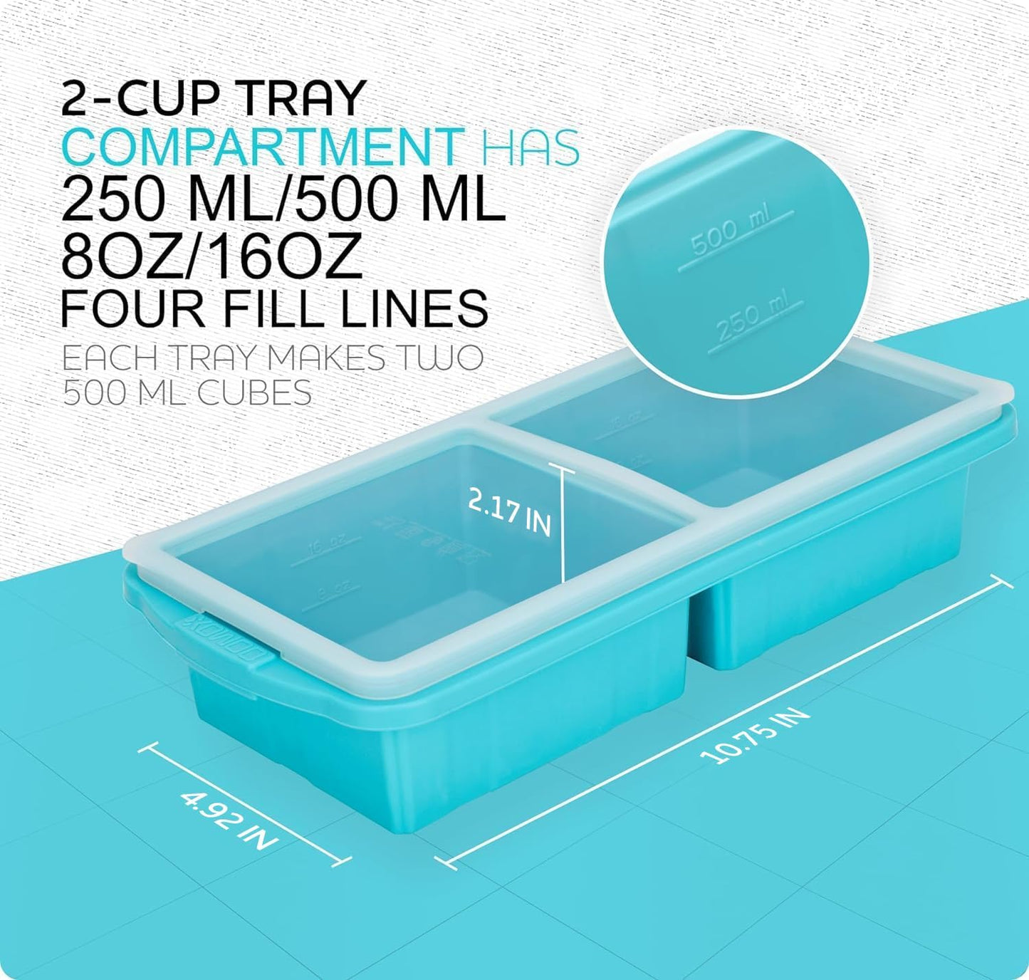 Silicone Freezer Tray with Lid-Soup Freezer Container Molds-2-Cup Extra Large Ice Cube Tray-Makes 4 Perfect 500Ml Portions Cubes, for Freezing Soup,Stews,Sauces.Oven&Dishwasher-Safe(2-Pack)