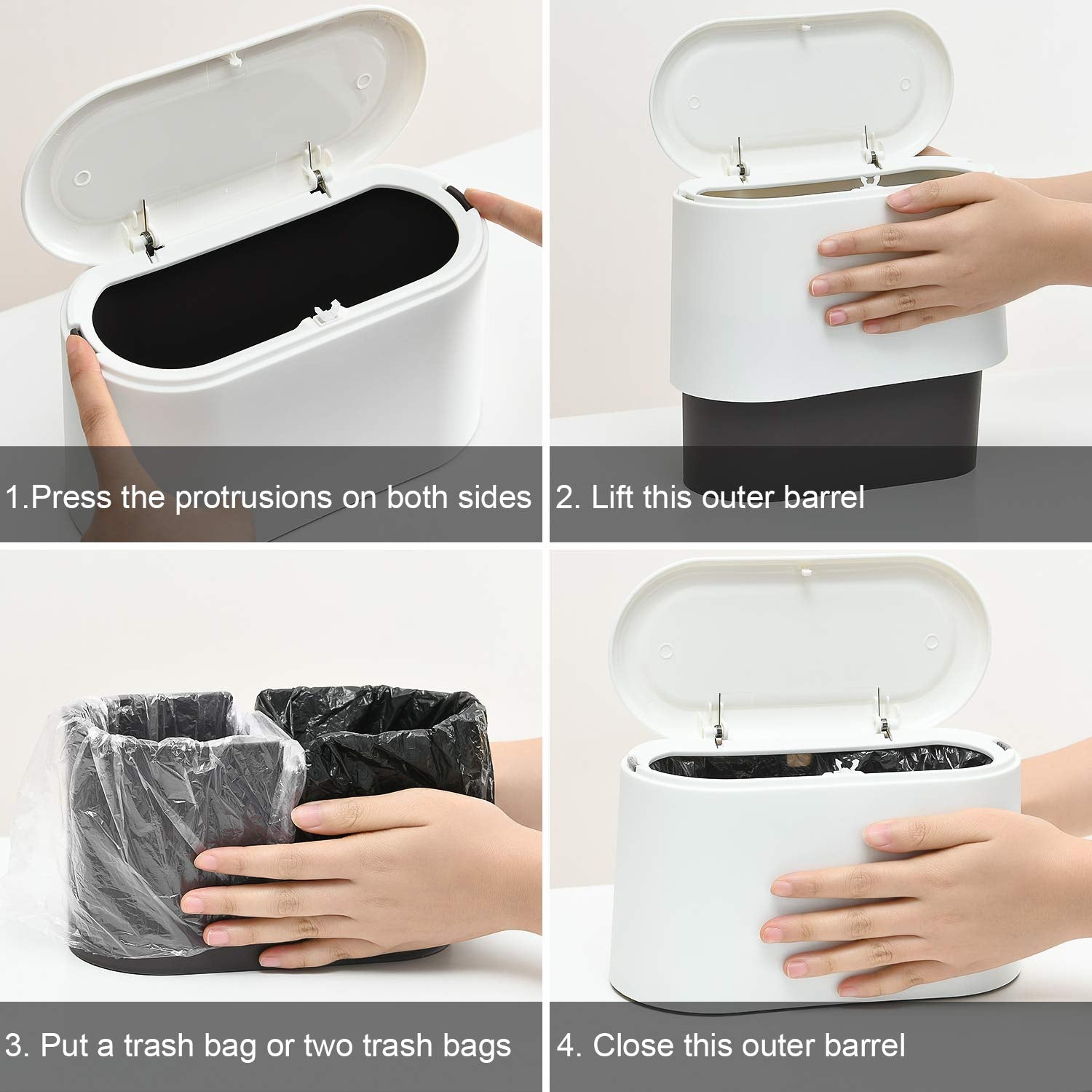 Mini Trash Can with Lid,Small Desk Trash Can,Countertop Mini Garbage Cans,Tiny Waste Basket,White,With 3 Roll Bags