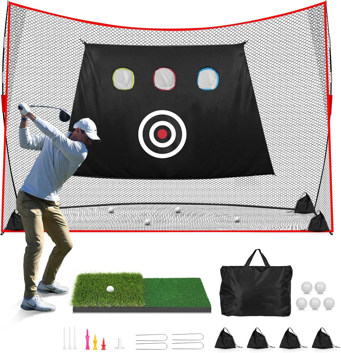 Golf Net: 10X7Ft Heavy Duty Golf Practice Hitting Net for Backyard Indoor Outdoor Training, with Dual-Turf Mat, Ideal Training Aid for Golfers Backyard Driving Chipping Swing