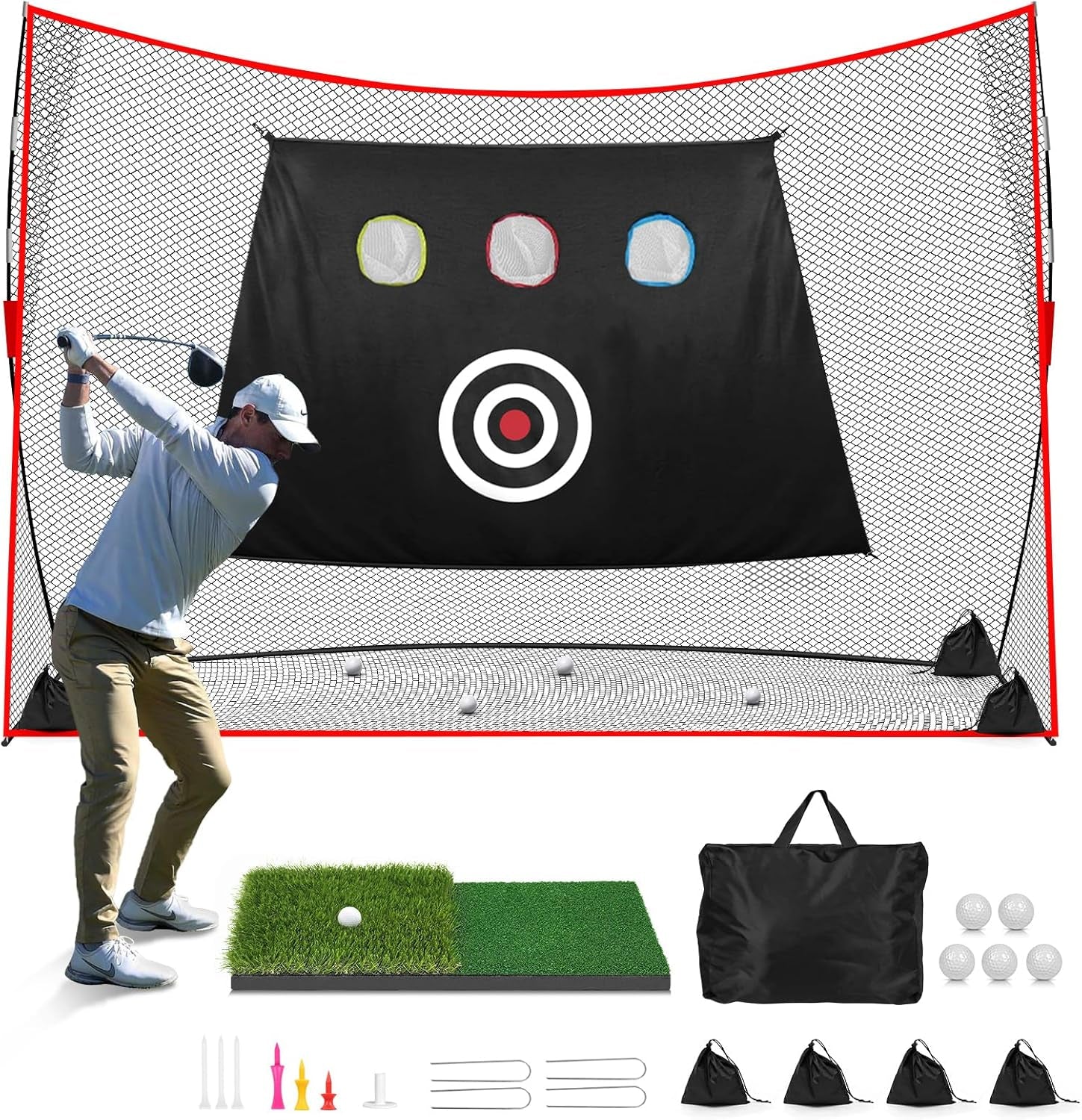 Golf Net: 10X7Ft Heavy Duty Golf Practice Hitting Net for Backyard Indoor Outdoor Training, with Dual-Turf Mat, Ideal Training Aid for Golfers Backyard Driving Chipping Swing