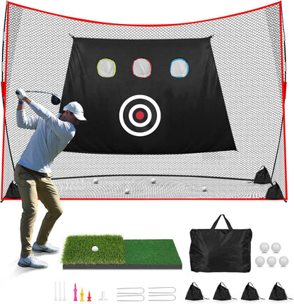 Golf Net: 10X7Ft Heavy Duty Golf Practice Hitting Net for Backyard Indoor Outdoor Training, with Dual-Turf Mat, Ideal Training Aid for Golfers Backyard Driving Chipping Swing